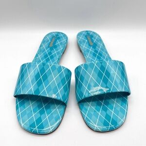 Larroude Ivy Slide in Argyle Aqua Teal Patient Leather